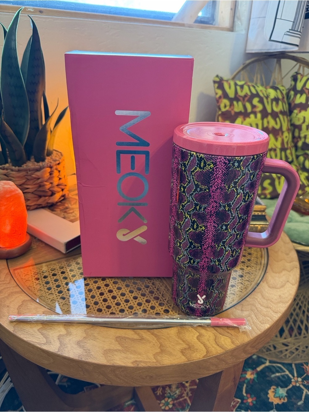 Pink Snake-Print Insulated Travel Mug with Handle